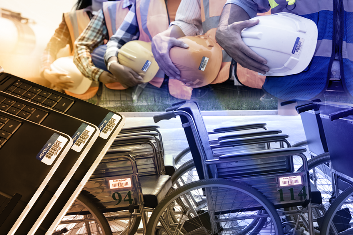 Asset Labels on different assets pictured in multiples; PPE helmets, hospital wheelchairs, laptops